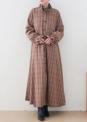 Elegant  casual medium length jackets jacket pink plaid stand collar Button Down wool overcoat - SooLinen