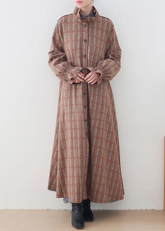 Elegant  casual medium length jackets jacket pink plaid stand collar Button Down wool overcoat - SooLinen