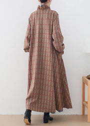 Elegant  casual medium length jackets jacket pink plaid stand collar Button Down wool overcoat - SooLinen