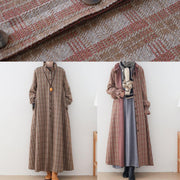Elegant  casual medium length jackets jacket pink plaid stand collar Button Down wool overcoat - SooLinen
