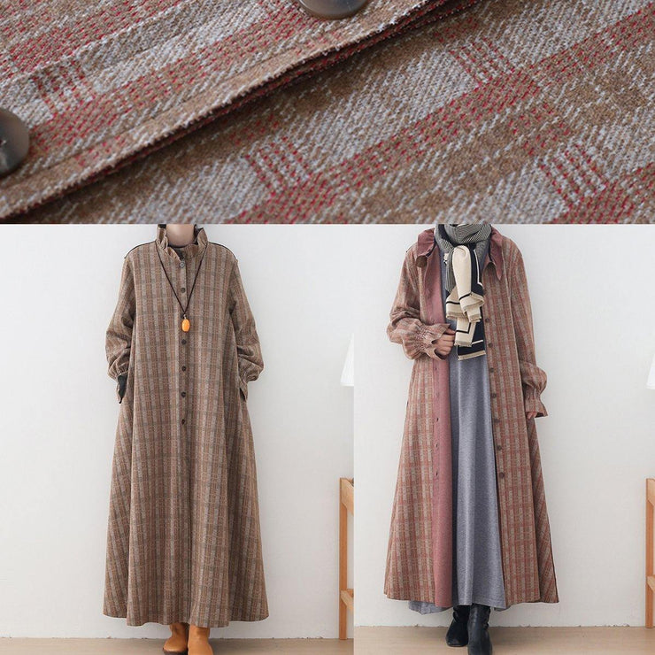 Elegant  casual medium length jackets jacket pink plaid stand collar Button Down wool overcoat - SooLinen