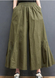 Elegant Army Green Elastic Waist Wide Leg Pants Trousers Summer Cotton - SooLinen