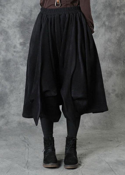 Elegant Black Elastic Waist Asymmetrical Design Fall Pants - SooLinen