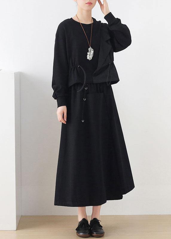 Elegant Black O-Neck Asymmetrical Design Cinched Sweatshirt Streetwear - SooLinen