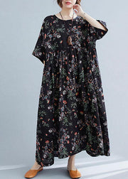 Elegant Black Print O-Neck Patchwork Summer Robe Dresses Half Sleeve - SooLinen