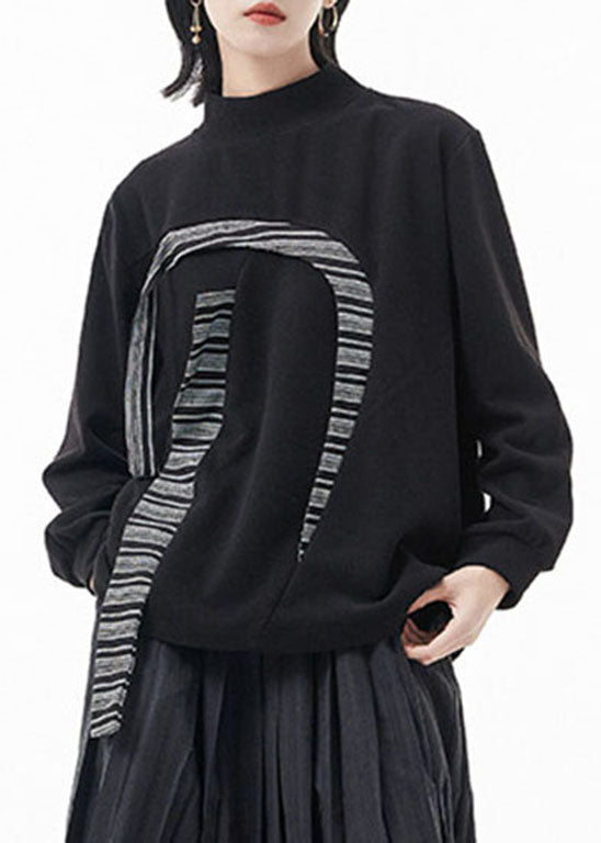 Elegantes schwarzes Stehkragen-Patchwork-Sweatshirt Top Spring