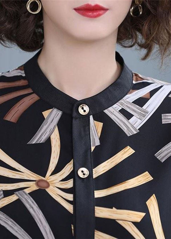 Elegante schwarze Chiffon-Damenhemden mit Stehkragen und Armband
