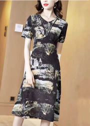 Elegant Black V Neck 2025 Print Silk Cinch Dress Short Sleeve