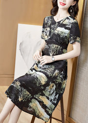 Elegant Black V Neck 2025 Print Silk Cinch Dress Short Sleeve