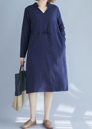 Elegant Blue Clothes For Women V Neck Drawstring Dresses Spring Dresses - SooLinen