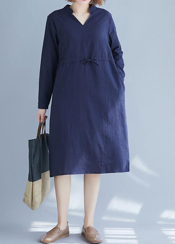Elegant Blue Clothes For Women V Neck Drawstring Dresses Spring Dresses - SooLinen
