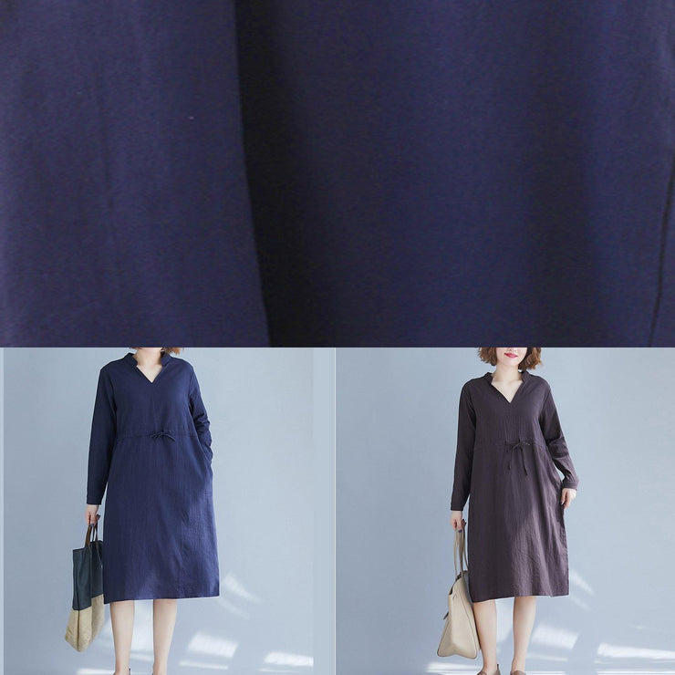 Elegant Blue Clothes For Women V Neck Drawstring Dresses Spring Dresses - SooLinen