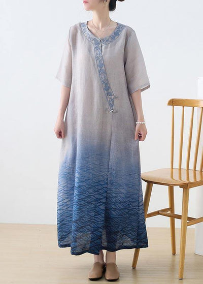 The Peaceful Ocean Linen Dress Gradient Blue Summer Party Dress - SooLinen