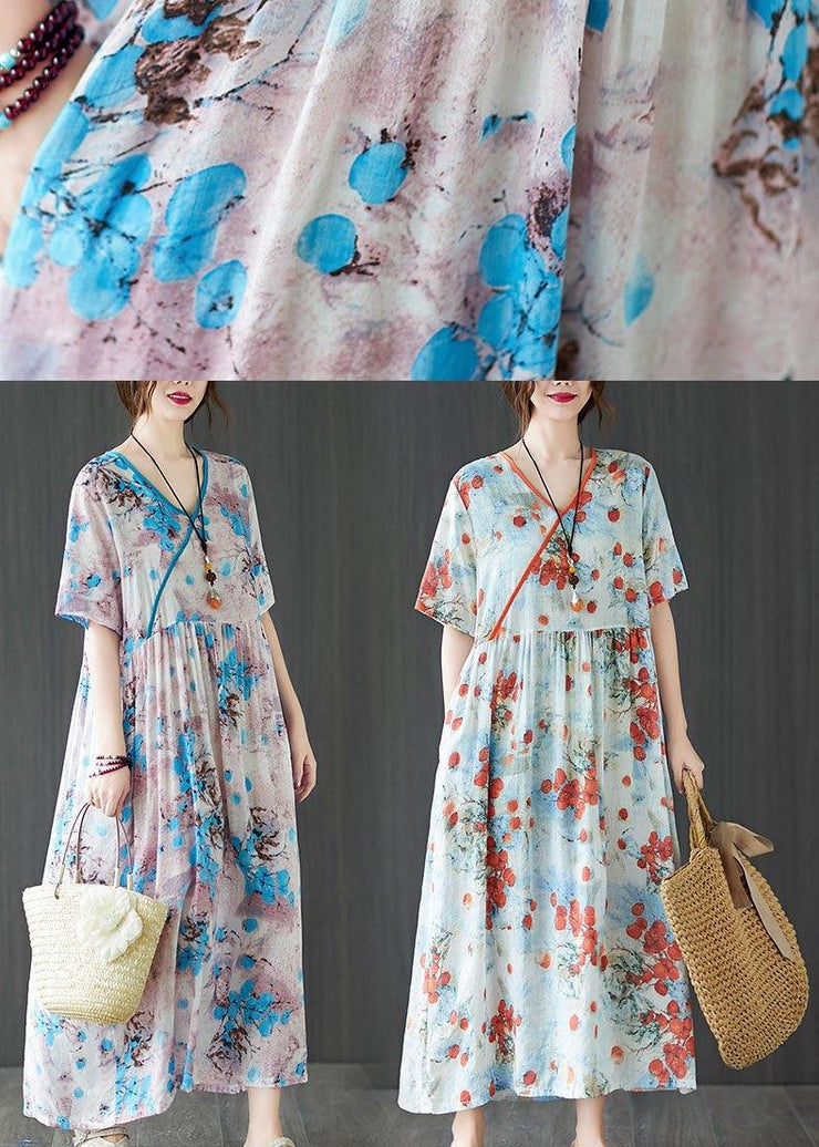 Elegant Blue Loose Patchwork Pockets Summer Vacation Dress Short Sleeve - SooLinen
