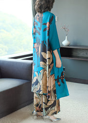 Elegant Blue O-Neck Print Chiffon Dress And Pants Two Pieces Set Three Quarter sleeve