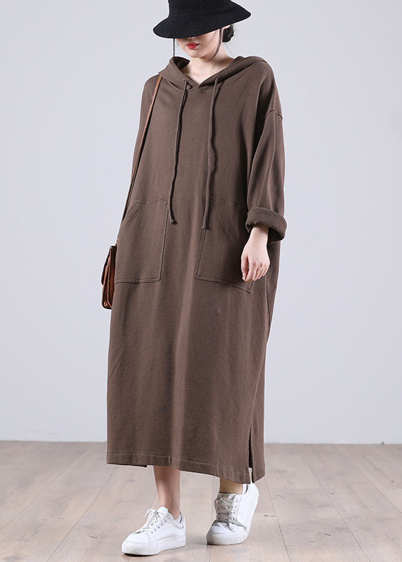Elegant Brown Hooded Pockets Side Open Fall Sweatshirt Dresses