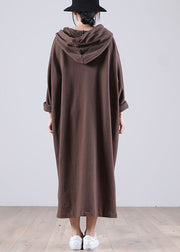 Elegant Brown Hooded Pockets Side Open Fall Sweatshirt Dresses