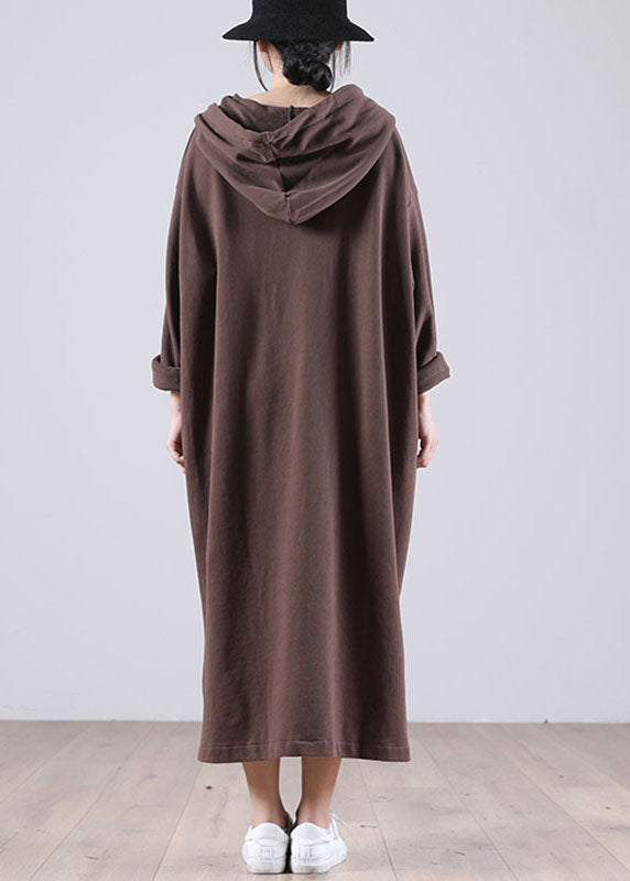 Elegant Brown Hooded Pockets Side Open Fall Sweatshirt Dresses