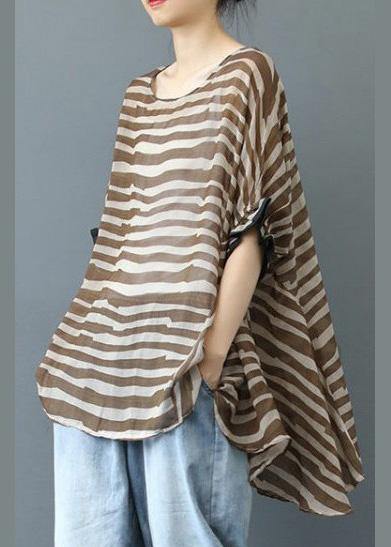 Elegant Chocolate Striped Clothes For Women O Neck Midi  Blouse - SooLinen