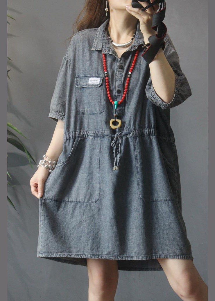 Elegant Denim tie waist Turn-down Collar Maxi Summer Cotton Dress - SooLinen