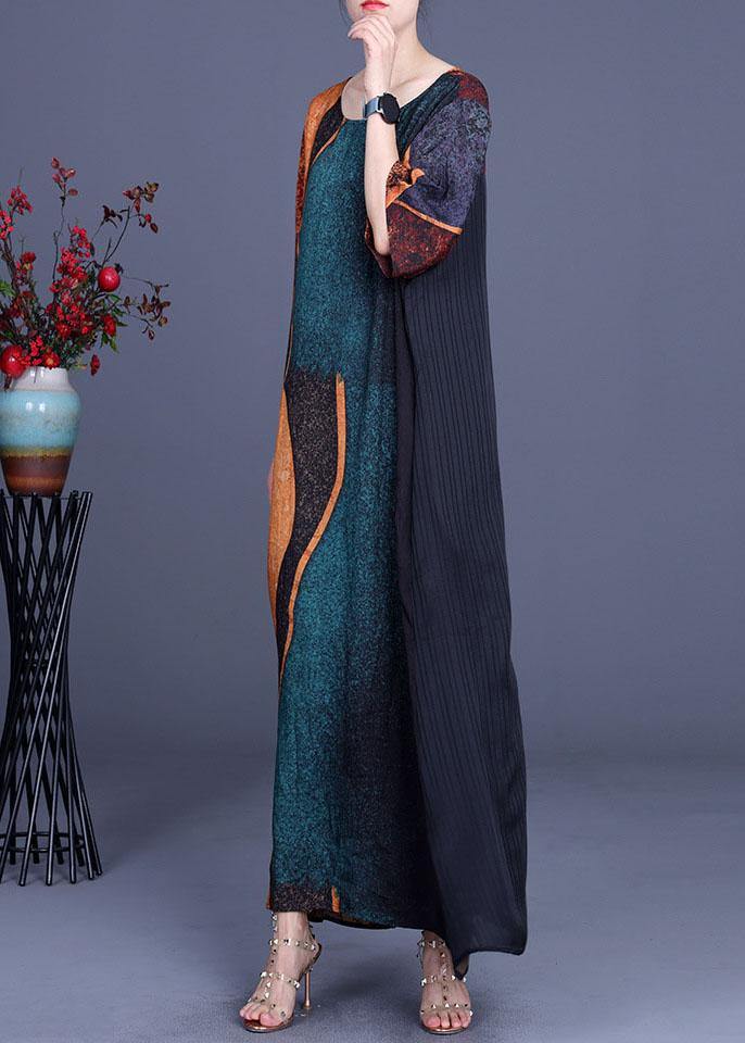 Elegant Green Print Patchwork Half Sleeve Silk Dress Summer - SooLinen