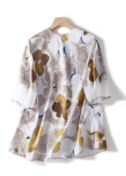 Elegante Khaki-Patchwork-Blusen mit seitlich offenem Druck und O-Ausschnitt, halbe Ärmel