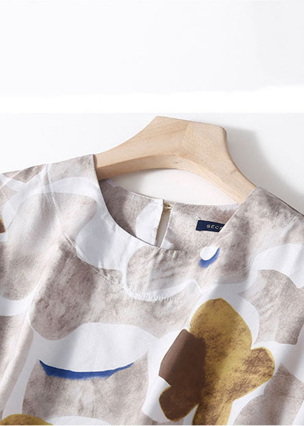 Elegante Khaki-Patchwork-Blusen mit seitlich offenem Druck und O-Ausschnitt, halbe Ärmel