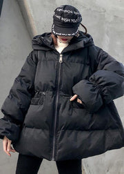 Elegant Loose fitting winter jacket drawstring coats black hooded women parka - SooLinen