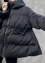 Elegant Loose fitting winter jacket drawstring coats black hooded women parka - SooLinen