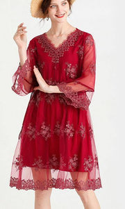 Elegant Mulberry V Neck Petal Sleeve Mini Summer Lace Dress - SooLinen