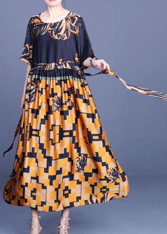 Elegant Navy Print Silk Tie Waist Mid Dress Summer - SooLinen
