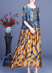 Elegant Navy Print Silk Tie Waist Mid Dress Summer - SooLinen
