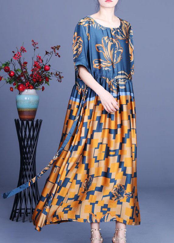 Elegant Navy Print Silk Tie Waist Mid Dress Summer - SooLinen