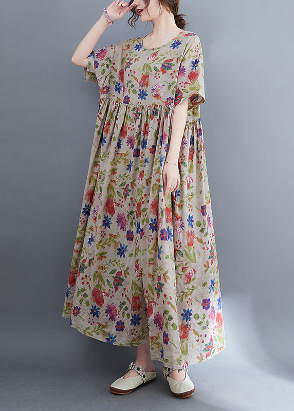 Elegantes O-Neck Cinched extra großer Saum Print Urlaubskleider Kurzarm