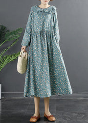 Elegant Peter Pan Collar Dresses Tops Blue Print Robe Dresses - SooLinen