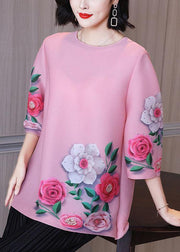 Elegant Pink Floral Short Sleeve Blouse Tops - SooLinen