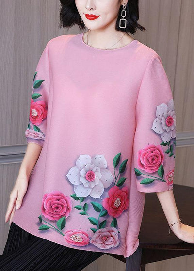 Elegant Pink Floral Short Sleeve Blouse Tops - SooLinen