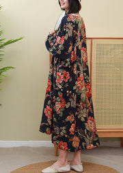 Elegantes Kleid mit langem Ärmel und O-Ausschnitt und geneigter Schnalle mit rotem Blumendruck