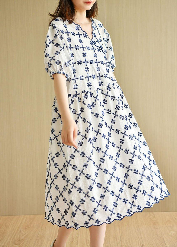 Elegant White Casual V Neck Embroideried Summer Cotton Mid Dress Short Sleeve - SooLinen