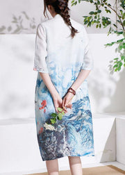 Elegant White Patchwork Button Print Summer Ramie Mid Dress Half Sleeve - SooLinen