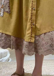 Elegant Yellow Embroideried Hollow Out Cotton Skirt Spring