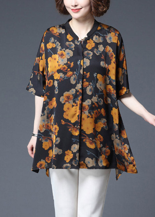 Elegant Yellow Print Stand Collar Button Chiffon Tops Half Sleeve