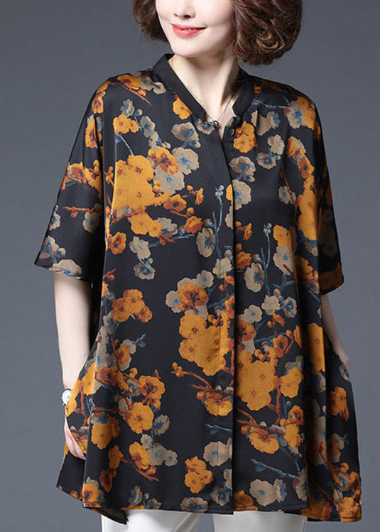 Elegant Yellow Print Stand Collar Button Chiffon Tops Half Sleeve