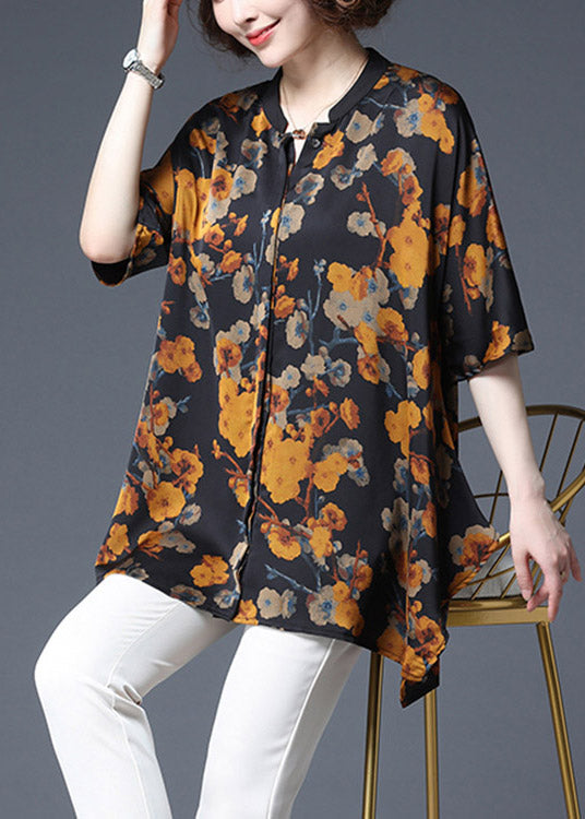 Elegant Yellow Print Stand Collar Button Chiffon Tops Half Sleeve