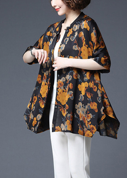 Elegant Yellow Print Stand Collar Button Chiffon Tops Half Sleeve