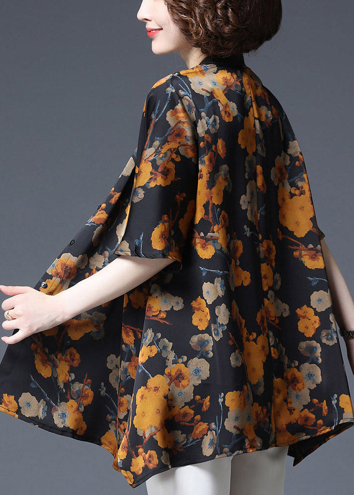 Elegant Yellow Print Stand Collar Button Chiffon Tops Half Sleeve