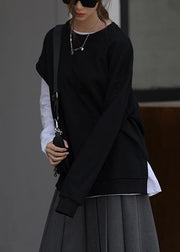 Elegant black clothes For Women o neck asymmetric top - SooLinen