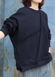 Elegant black cotton tops women o neck short patchwork Sweatshirt - SooLinen