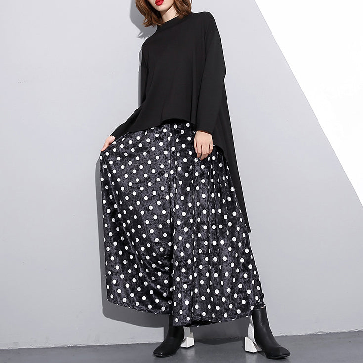 Elegant black dotted plus size clothing elastic waist traveling women wide leg pants cotton trousers
