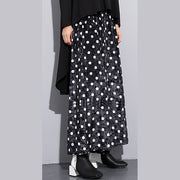 Elegant black dotted plus size clothing elastic waist traveling women wide leg pants cotton trousers